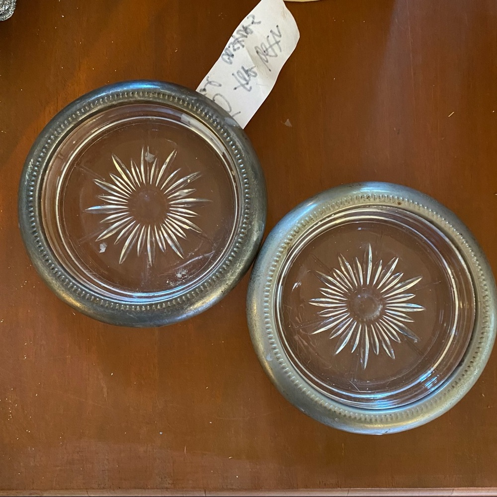 Vintage Crystal Starburst Coasters Set of 2 Silver Plate Rim Barware